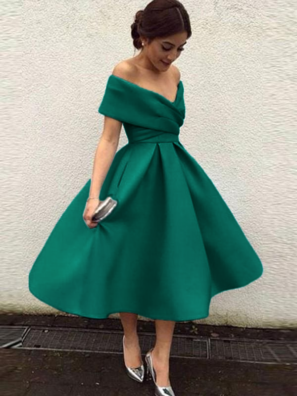 Length Bridesmaid Dress with Ruffles Arabella Off-Shoulder Satin A-Line Dress