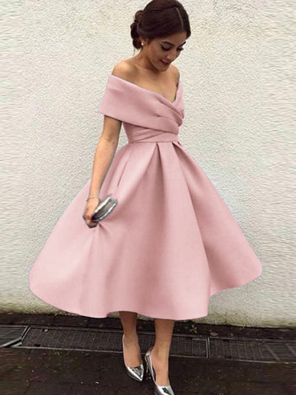 Length Bridesmaid Dress with Ruffles Arabella Off-Shoulder Satin A-Line Dress