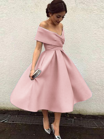 Length Bridesmaid Dress with Ruffles Arabella Off-Shoulder Satin A-Line Dress