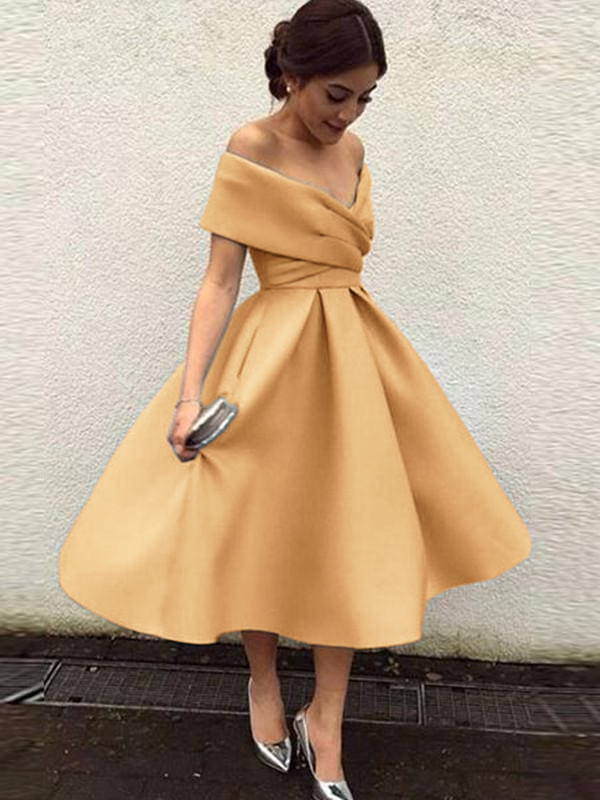 Length Bridesmaid Dress with Ruffles Arabella Off-Shoulder Satin A-Line Dress