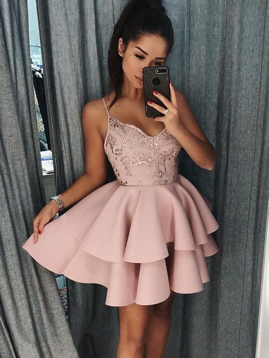 Line Spaghetti Straps Satin Sleeveless Short/Mini Dresses Bridelily A-Line Spaghetti Straps Satin Sleeveless Short/Mini Dresses
