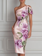 Elegant One-Shoulder Asymmetrical Sheath Dress Pink-S(4-6)