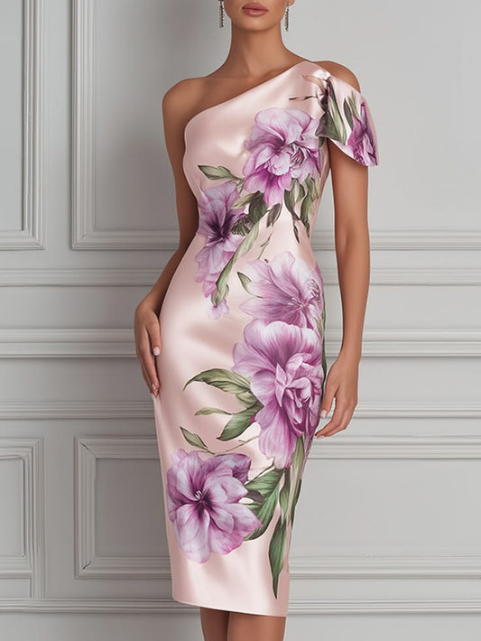 Elegant One-Shoulder Asymmetrical Sheath Dress Pink-S(4-6)