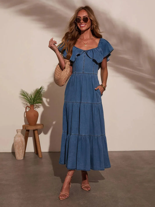 Dark Blue Margot Off-Shoulder Tiered Denim Dress