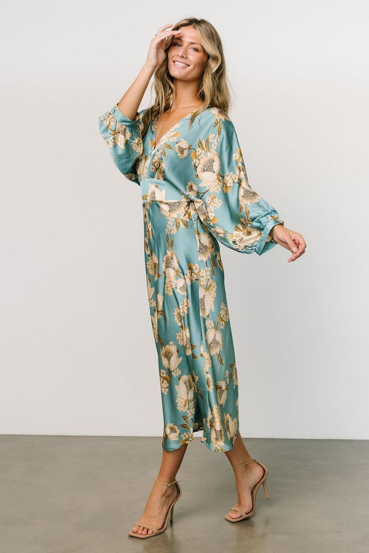 Joni Satin Midi Dress in Blue Multi