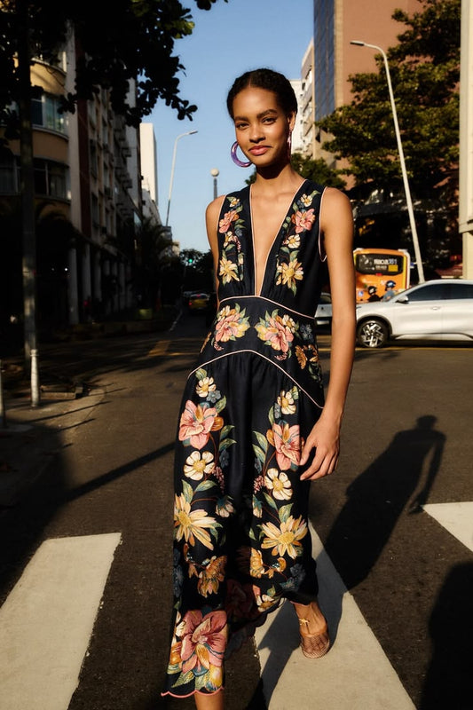 Maira Floral Midi Dress in Dark Blue