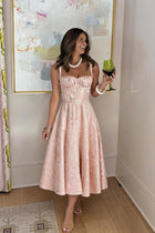 A-Line Tea Length Jacquard Satin Wedding Guest Dress 1038699395137 - 7 Days / Pink / S