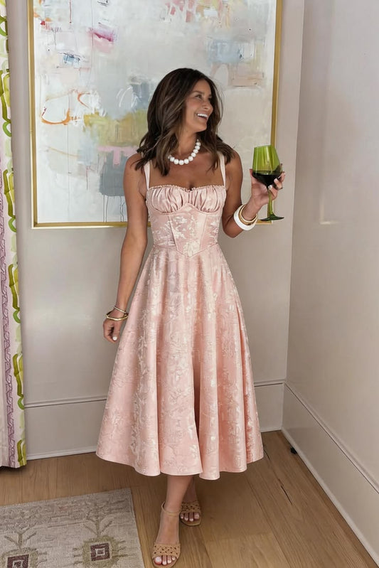 A-Line Tea Length Jacquard Satin Wedding Guest Dress 1038699395137 - 7 Days / Pink / S