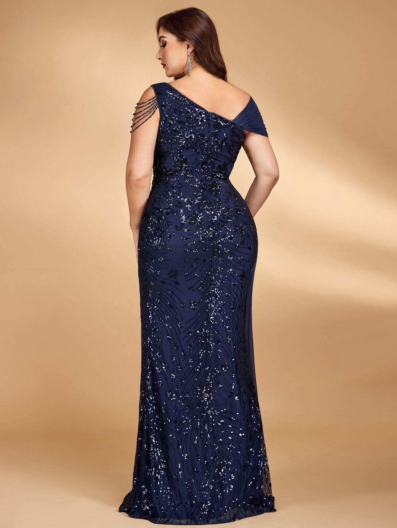 Blue Curveins Plus Size One Shoulder Sleeveless Beaded Ribbon Elegant Maxi Dress - 14-16/1X / Blue
