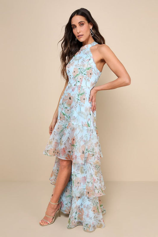 Forever Exceptional Light Blue Floral Halter Organza Maxi Dress | Lulus