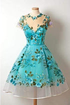 New Sleeves Unique Homecoming Dress Appliqued Blue Short Prom Dresses