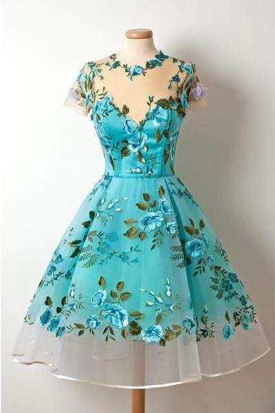 New Sleeves Unique Homecoming Dress Appliqued Blue Short Prom Dresses