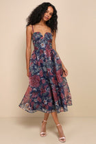 Cherished Aura Navy Floral Organza Midi Dress