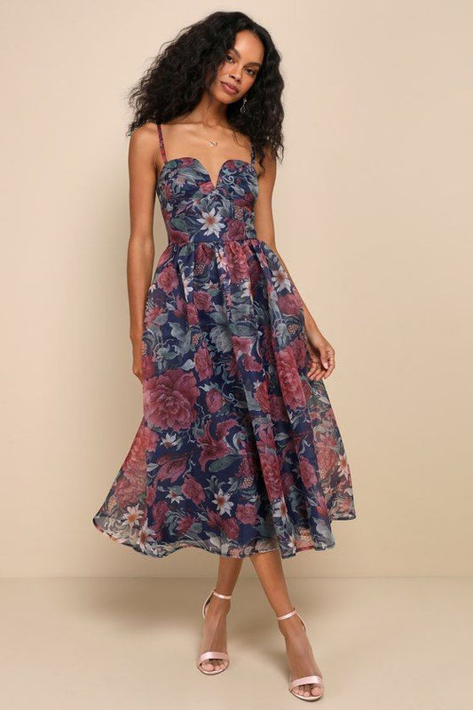 Cherished Aura Navy Floral Organza Midi Dress