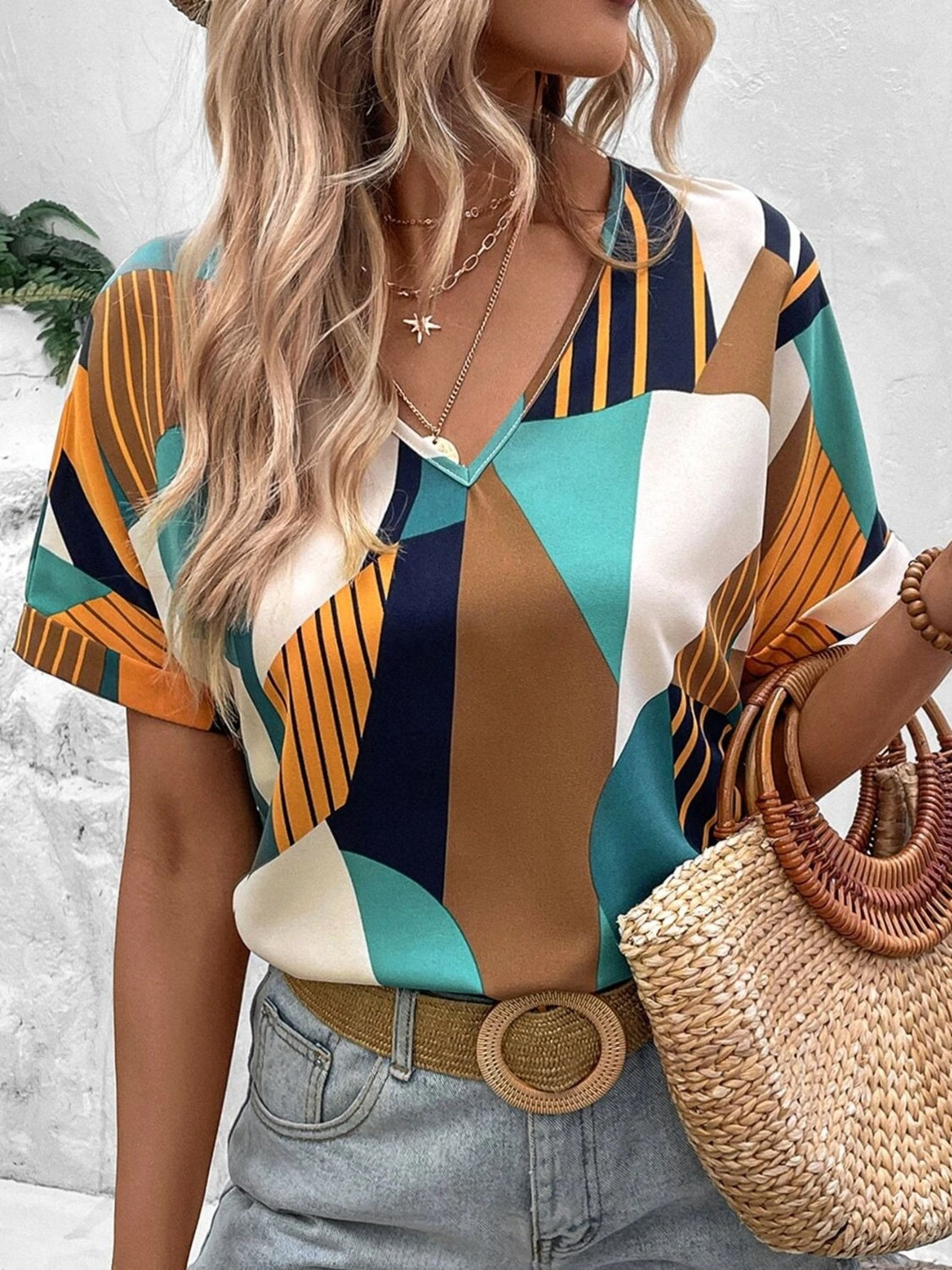Neck Short Sleeve Blouse Margot Printed V-Neck Tiered Dress