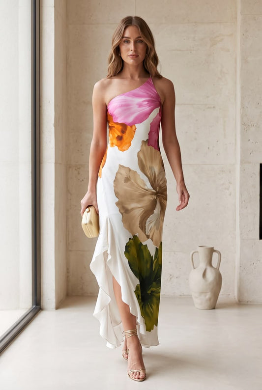 Printed Off Shoulder Cocktail Dress, Irregular Neckline Summer Party Gown, Chic Side Slit Women's Dress, Elegant Vestido