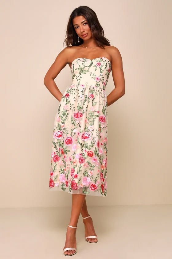Arabella Embroidered Strapless Midi Dress