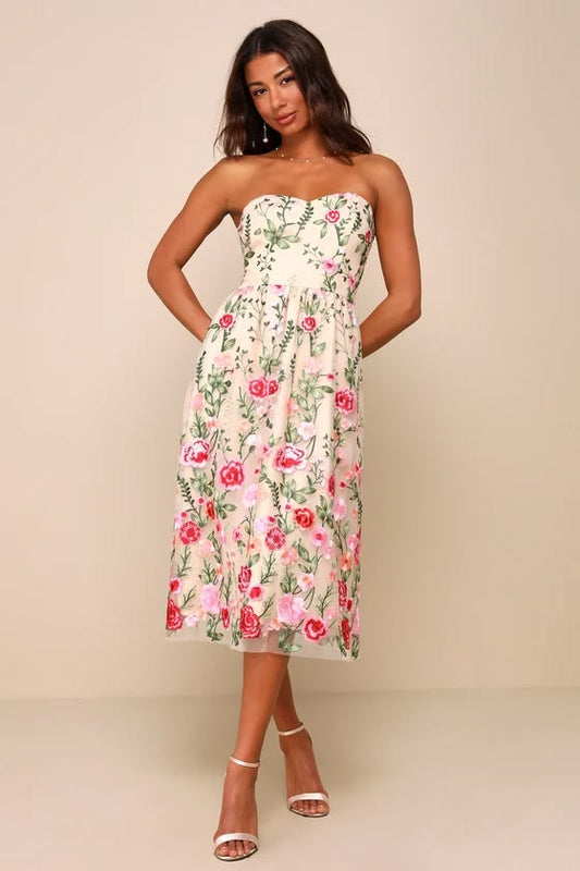Arabella Embroidered Strapless Midi Dress