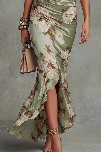 sleeved Fitted Waist Pleated Maxi Dress Floral Print V-neck Ruffled Short-sleeved Fitted Waist Pleated Maxi Dress
