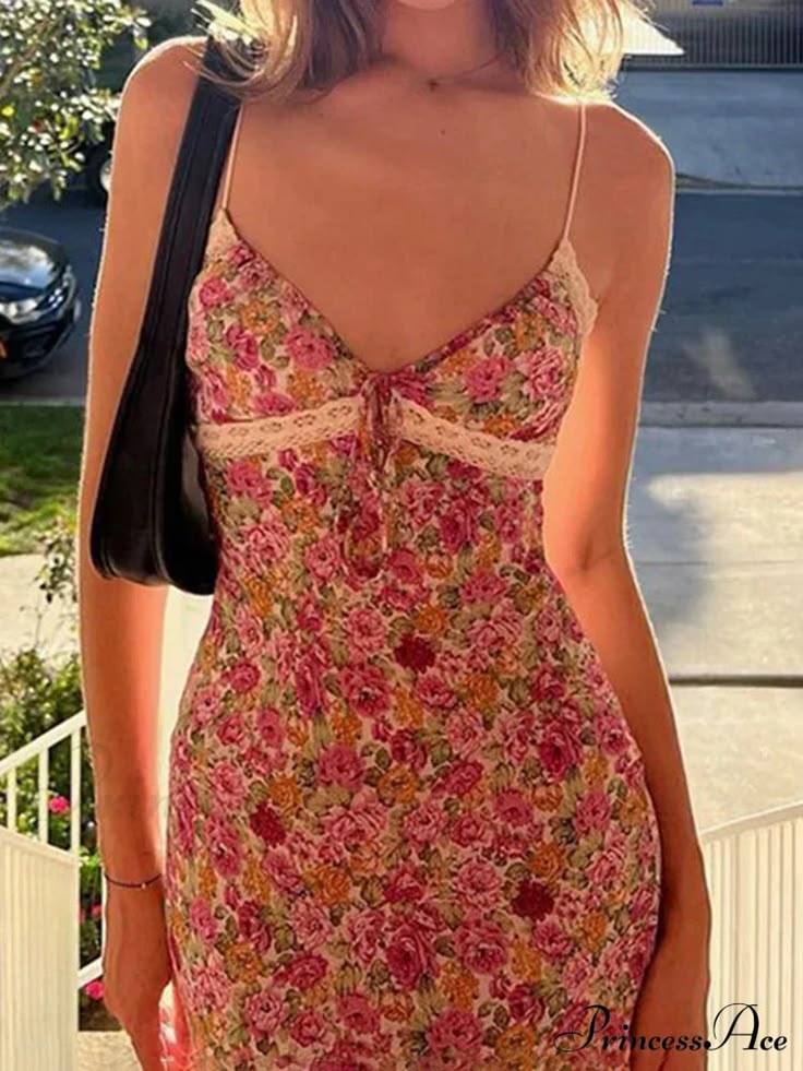 Flowers Spaghetti Straps Maxi Dress - Pink / L