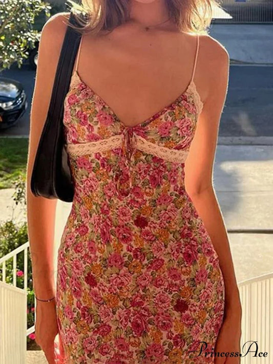 Flowers Spaghetti Straps Maxi Dress - Pink / L