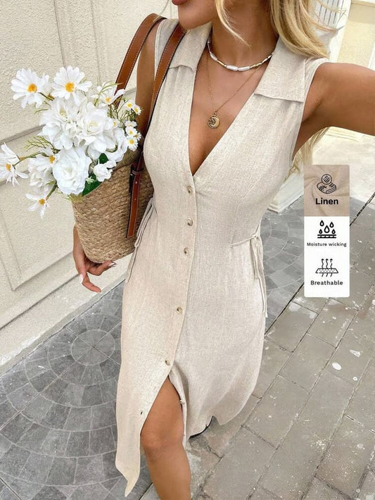 SHEIN LUNE Beige Summer Casual French Vacation Dress, Women Linen Fabric Shirt Collar Button Mid-Calf Elegant Outfits, O