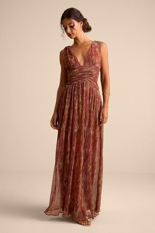 Evaluna Rust Abstract Print Lurex Pleated Maxi Dress