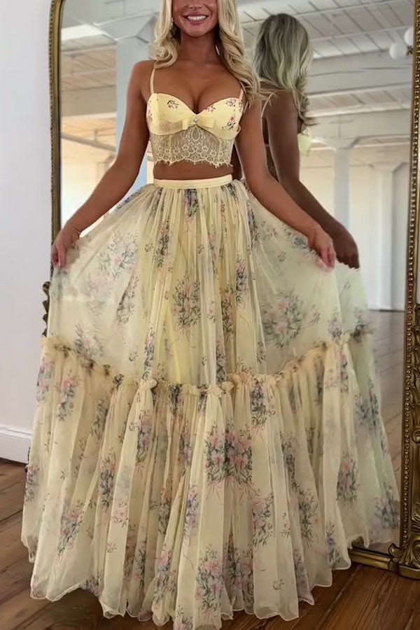 Vita Floral Satin Bow Lace Back Lace-up Crop Tank and Tulle High Rise A-line Maxi Skirt Set