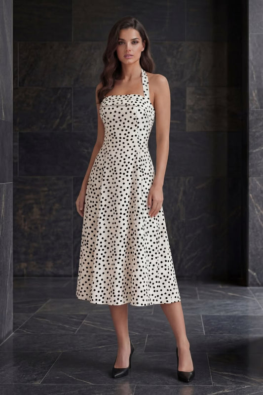 Black and White Polka Dot Halter Midi Dress
