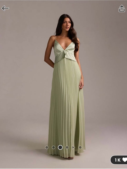 Asos Dresses | Asos Sage Green Satin-Top Pleated Maxi Dress | Color: Green | Size: 8