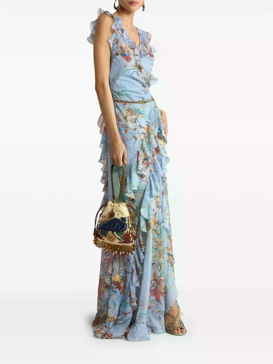Margot Ruffled Floral Maxi Dress in Blue