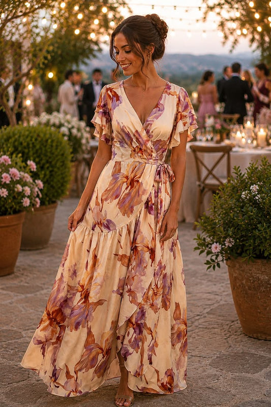 Fate Floral Print Satin Ruffled Asymmetrical Tiered Seam Maxi Wrap Dress – Champagne Multi - Small