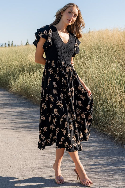 Estelle Smocked Midi Dress in Black & Tan Print