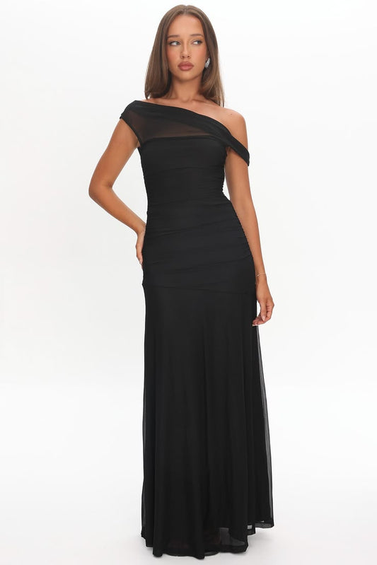 Lylah Asymmetric Neckline Mesh Maxi Dress Black - L