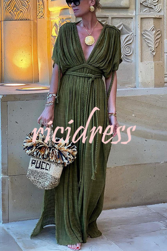 Green Athena Linen Draped Maxi Dress