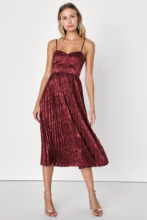 Margot Burgundy Satin Jacquard Midi Dress