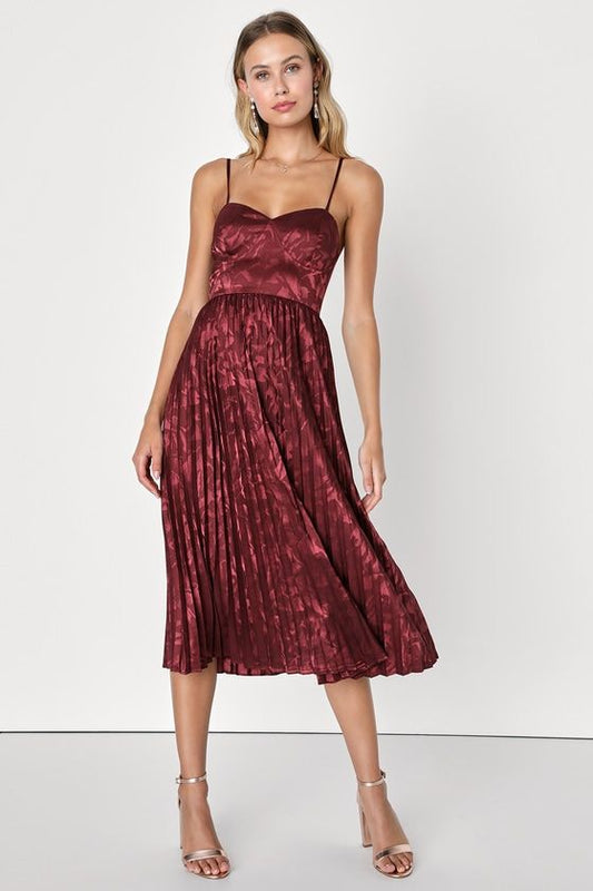 Margot Burgundy Satin Jacquard Midi Dress