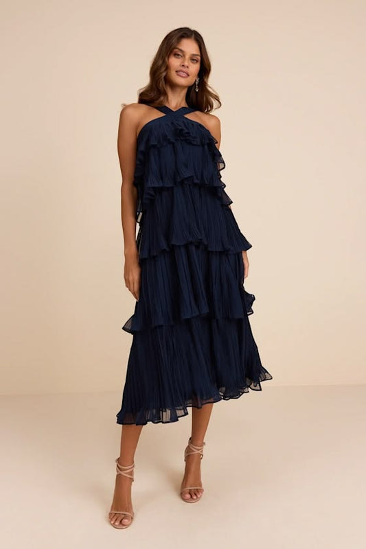 Lauretta Navy Plissé Tiered Midi Dress