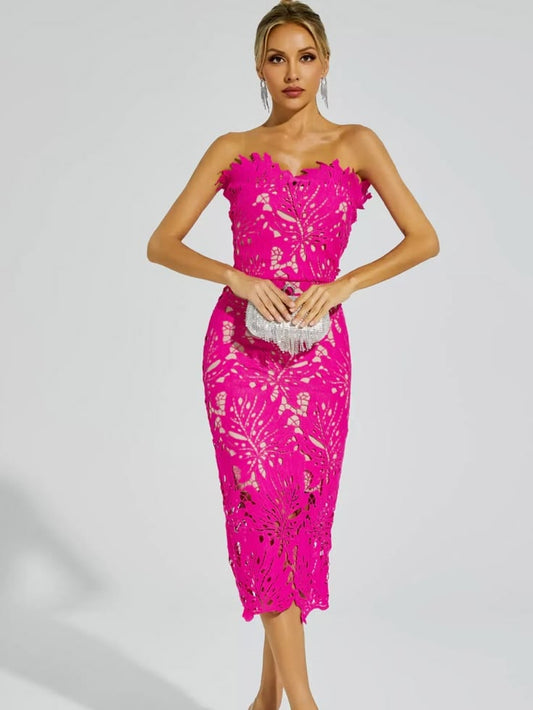 Margot Lace Midi Dress in Fuchsia