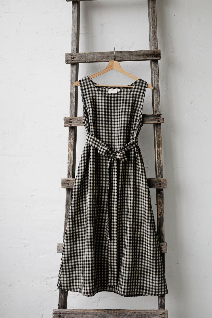 Black Gingham Sleeveless Dress, Linen Dress, A Line Linen Dress, A Line Dress, Linen Dress for Women, Linen Midi Dress, 