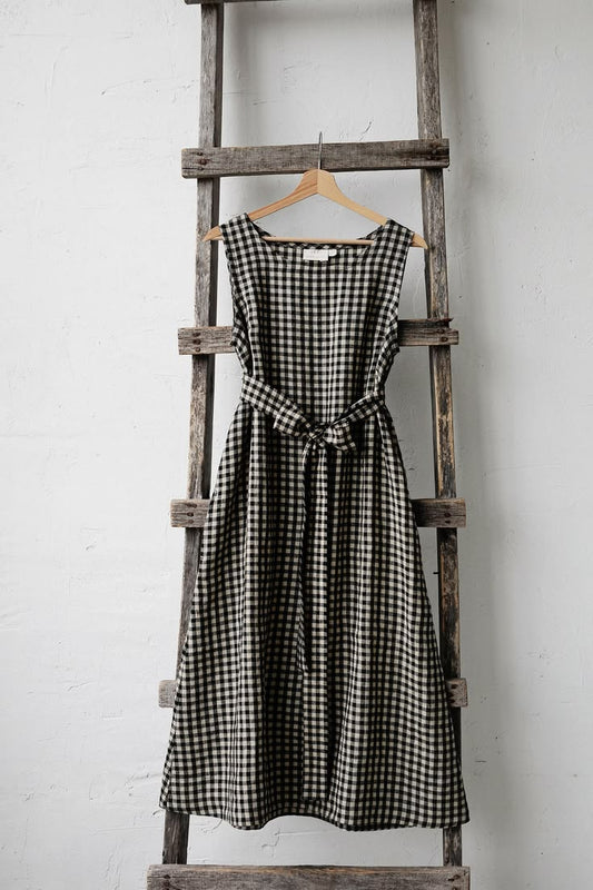 Black Gingham Sleeveless Dress, Linen Dress, A Line Linen Dress, A Line Dress, Linen Dress for Women, Linen Midi Dress, 