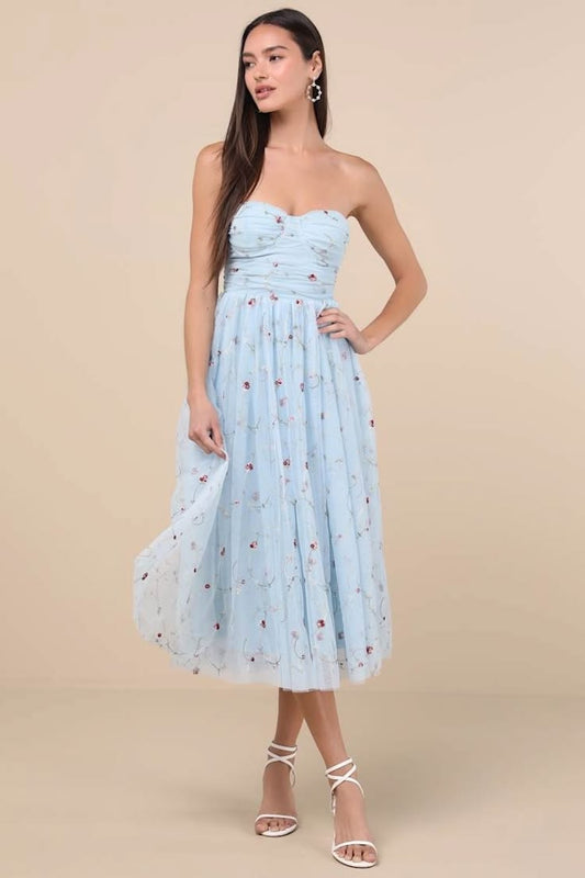 Kiley Embroidered Strapless Midi Dress