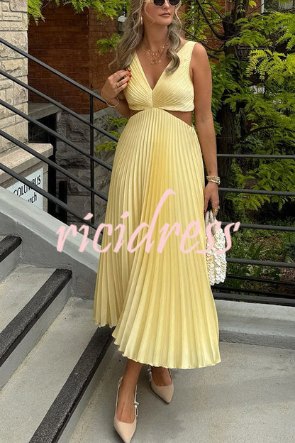 Yellow Margot Linen Pleated Midi Dress