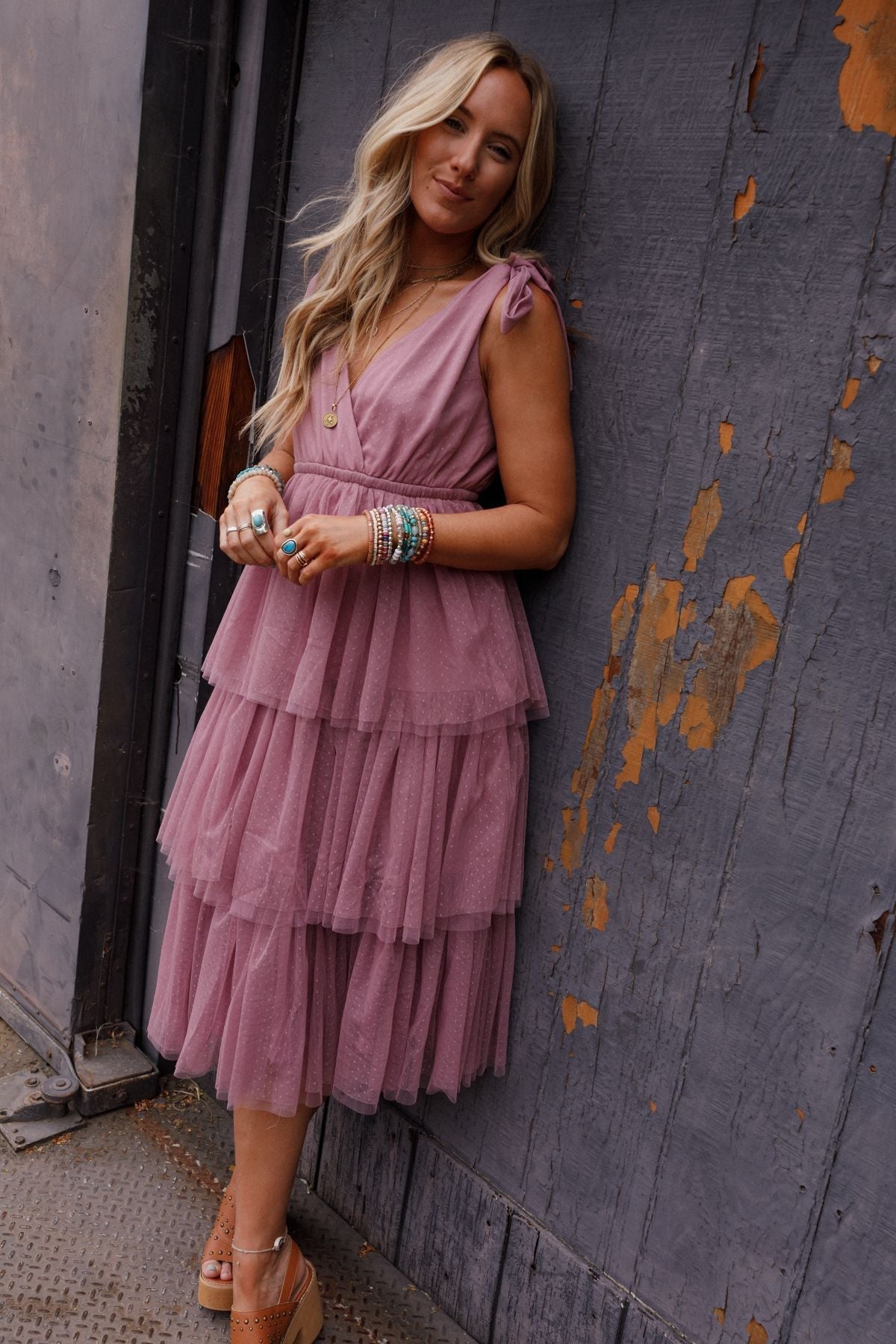 Mauve Arabella Tiered Tulle Dress in Mauve
