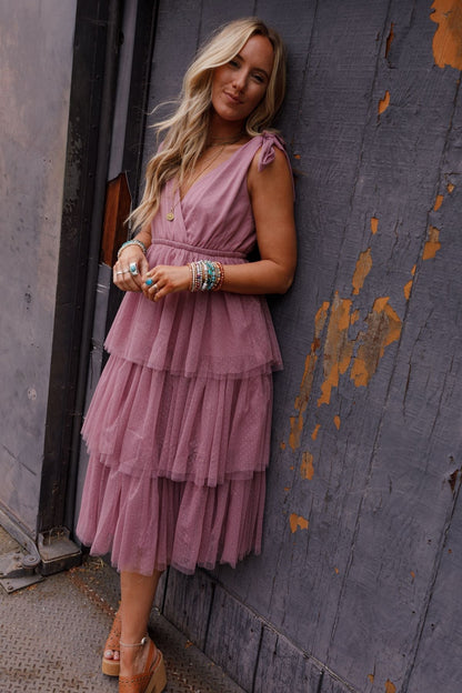 Mauve Arabella Tiered Tulle Dress in Mauve