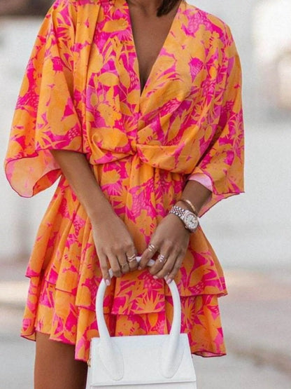 Orange Layered Printed Surplice Mini Dress - Fuchsia Pink / 2XL