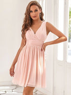 Pink Cocktail Pleated Dresses Double V-Neck Wholesale Chiffon SKU - IP10608-V2