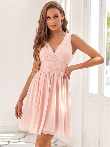 Pink Cocktail Pleated Dresses Double V-Neck Wholesale Chiffon SKU - IP10608-V2