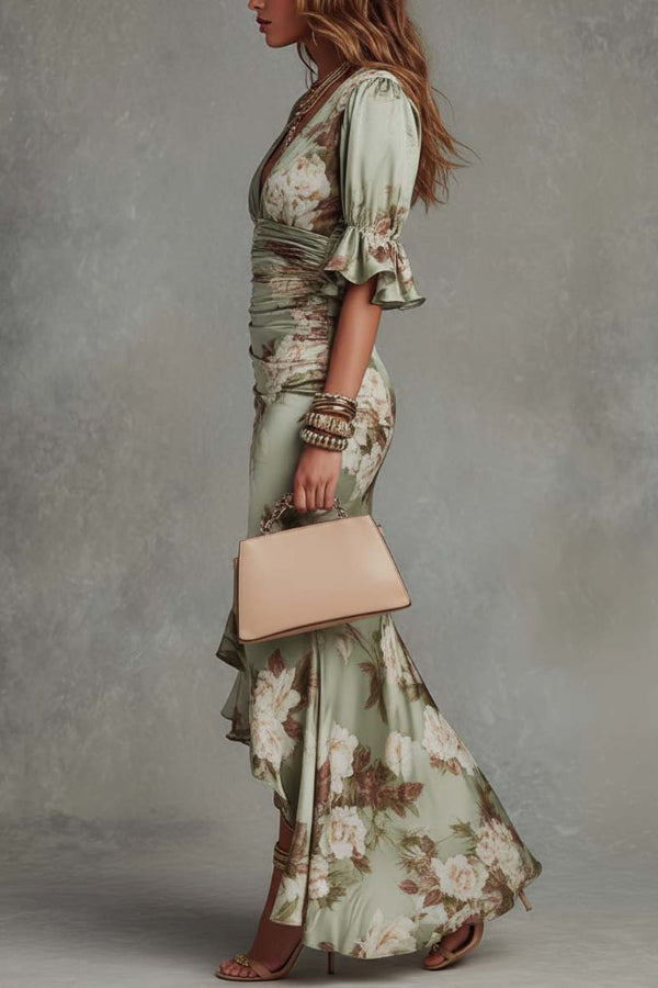 sleeved Fitted Waist Pleated Maxi Dress Floral Print V-neck Ruffled Short-sleeved Fitted Waist Pleated Maxi Dress