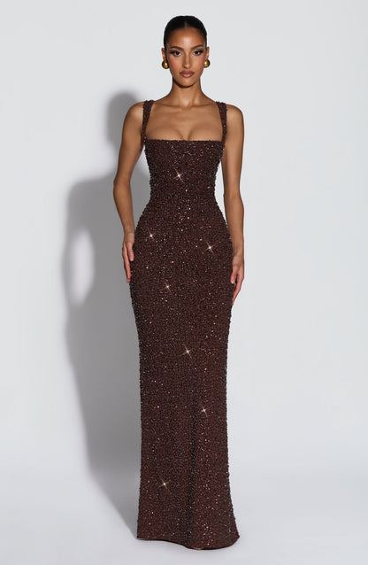 Plum Brown Sparkle Calanthe Sequin Maxi Dress